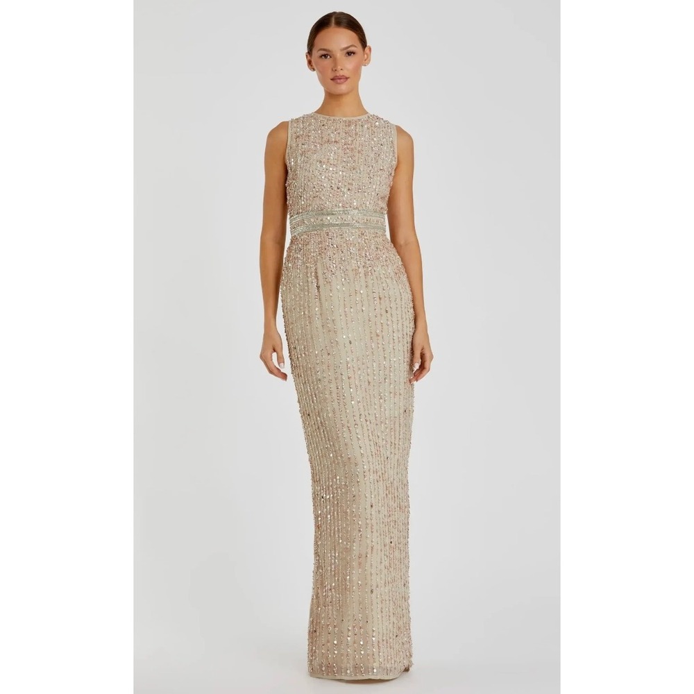 Mac Duggal 93603 Gown 8 Nude Pink Sequin Beaded Maxi Dress Formal Wedding Gala